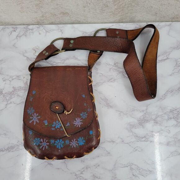 Vintage Hand Tooled & Painted Flowers Leather Hippie Woodstock Purse 70s - Picture 4 of 16